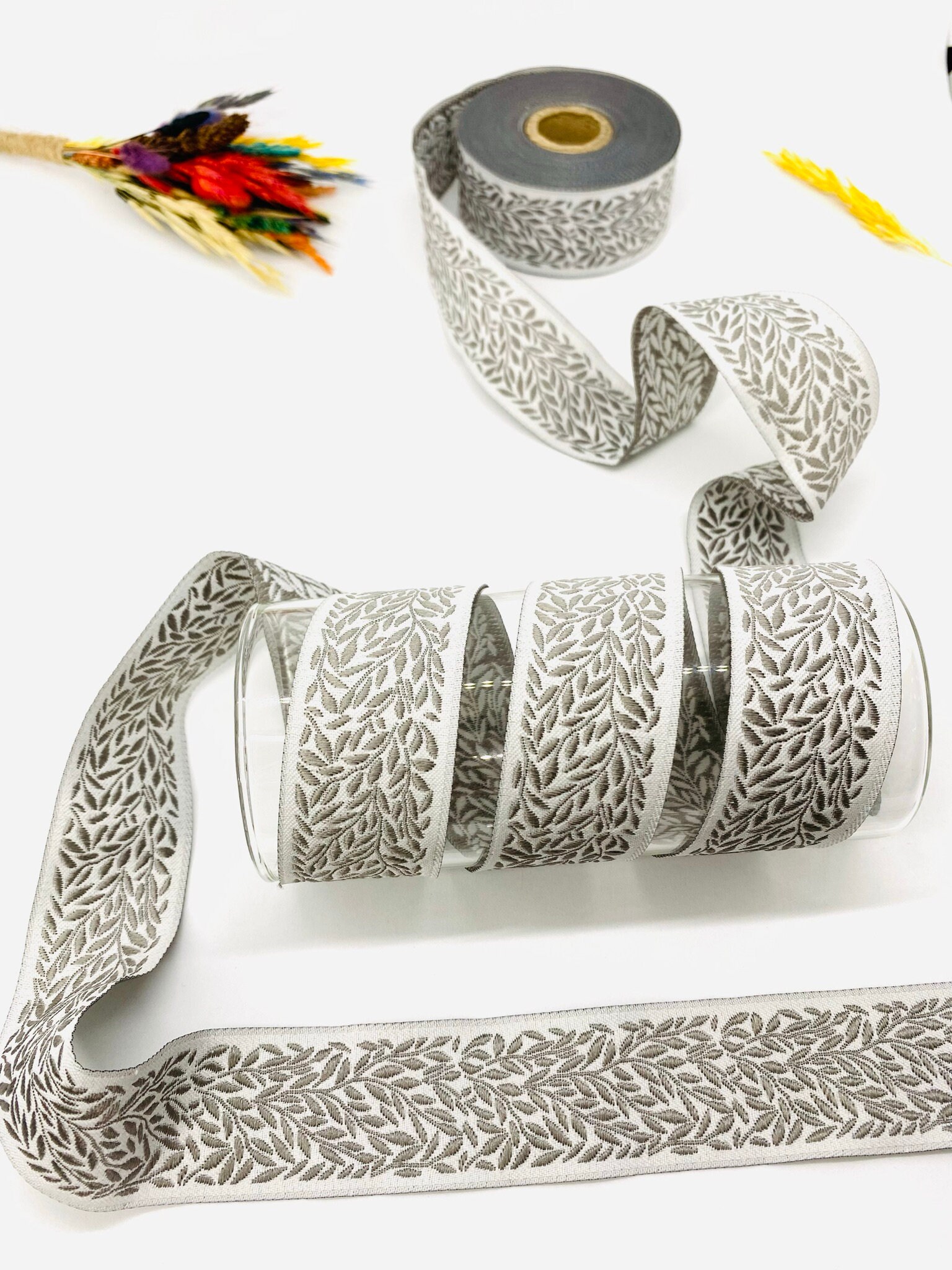 Vintage バレッタ　セット 10 Yards/30mm Black&white Leaf Jacquard Ribbon(1,18inch