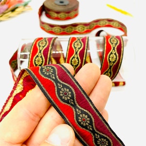 Guarnição jacquard floral celta vermelha de 22 mm (0,86 polegadas) fita vintage, fita jacquard, guarnição de cortina, guarnição de rosa, fornecimento de artesanato, guarnição de costura, coleira de cachorro