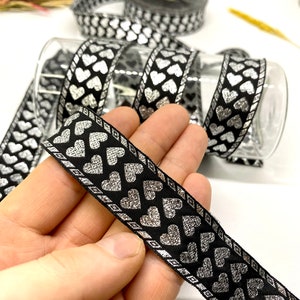 25 Yards/22 mm Black/Silver Heart Jacquard Ribbon(0.86 inch)Vintage Trim,Jacquard Trim,Heart Trim,Costume Trim,Drapery Trim,Dog Collar