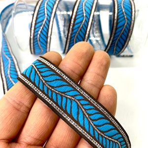 10 Yards/20 mm blauer Feder-Jacquardbesatz (0,78 Zoll) Jacquardband, gewebtes Band, Vintage-Band, Nähbesatz, Hundehalsband, Kostümbesatz