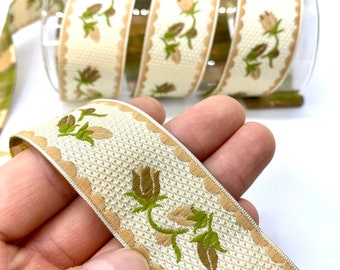 10Yrd/30 mm Ivory/Brown Floral Jacquard trim(1.18 inch)Vintage Botanical Border Fabric Ribbon for DIY Sewing Projects
