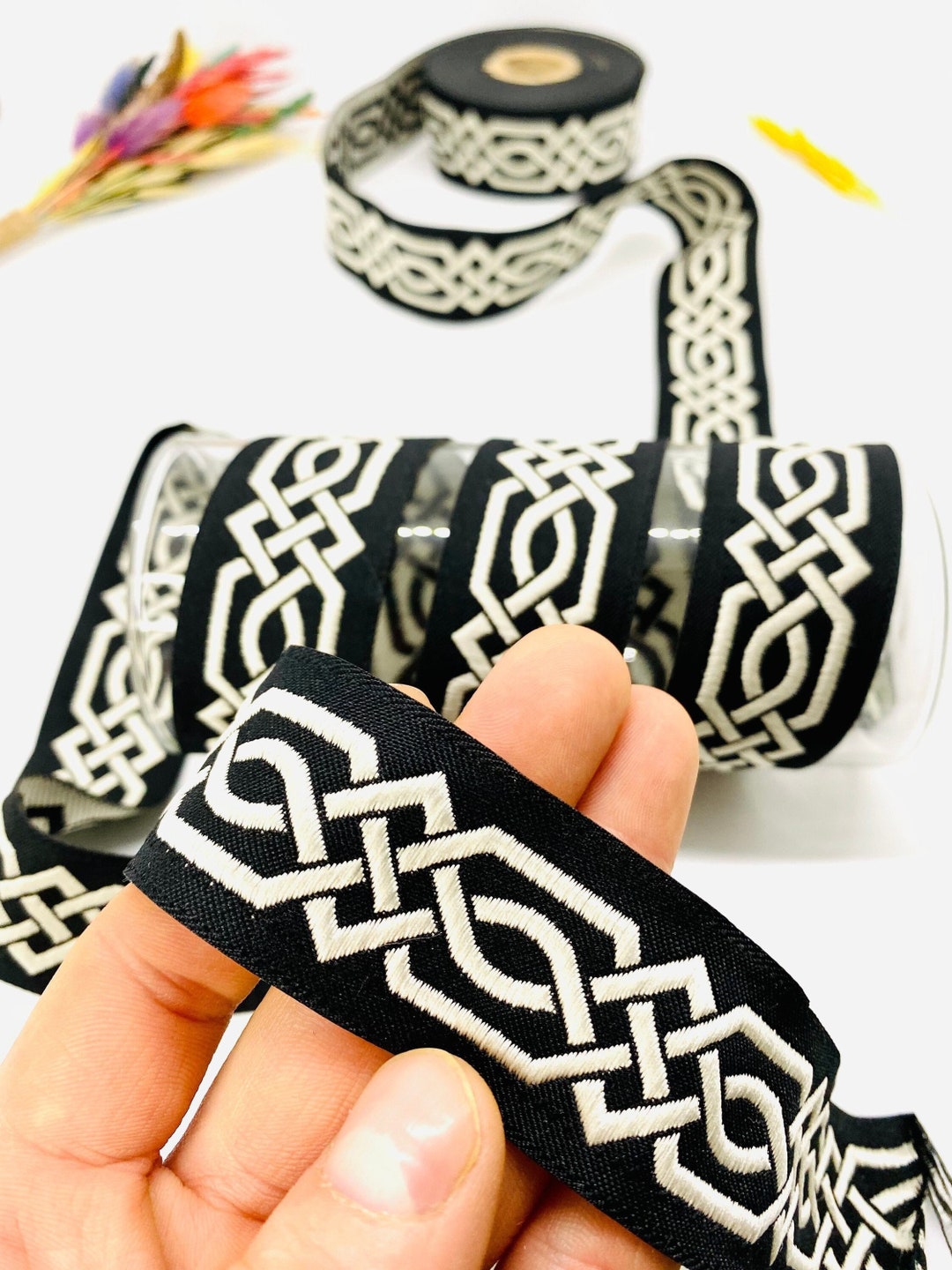 Celtic Jacquard Ribbon: Black & White Geometric Trim (10 Yards) - Etsy