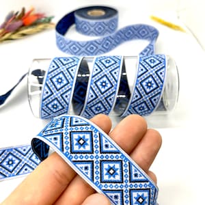 Cinta jacquard geométrica azul de 10 yardas/28 mm (1,10 pulgadas) ribete jacquard, cinta vintage, ribete de cortinas, ribete de vestuario, collar de perro, correa de cámara