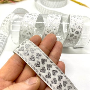 25 Yards/22 mm White/Silver Heart Jacquard Ribbon(0.86 inch)Vintage Trim,Jacquard Trim,Heart Trim,Costume Trim,Drapery Trim,Dog Collar