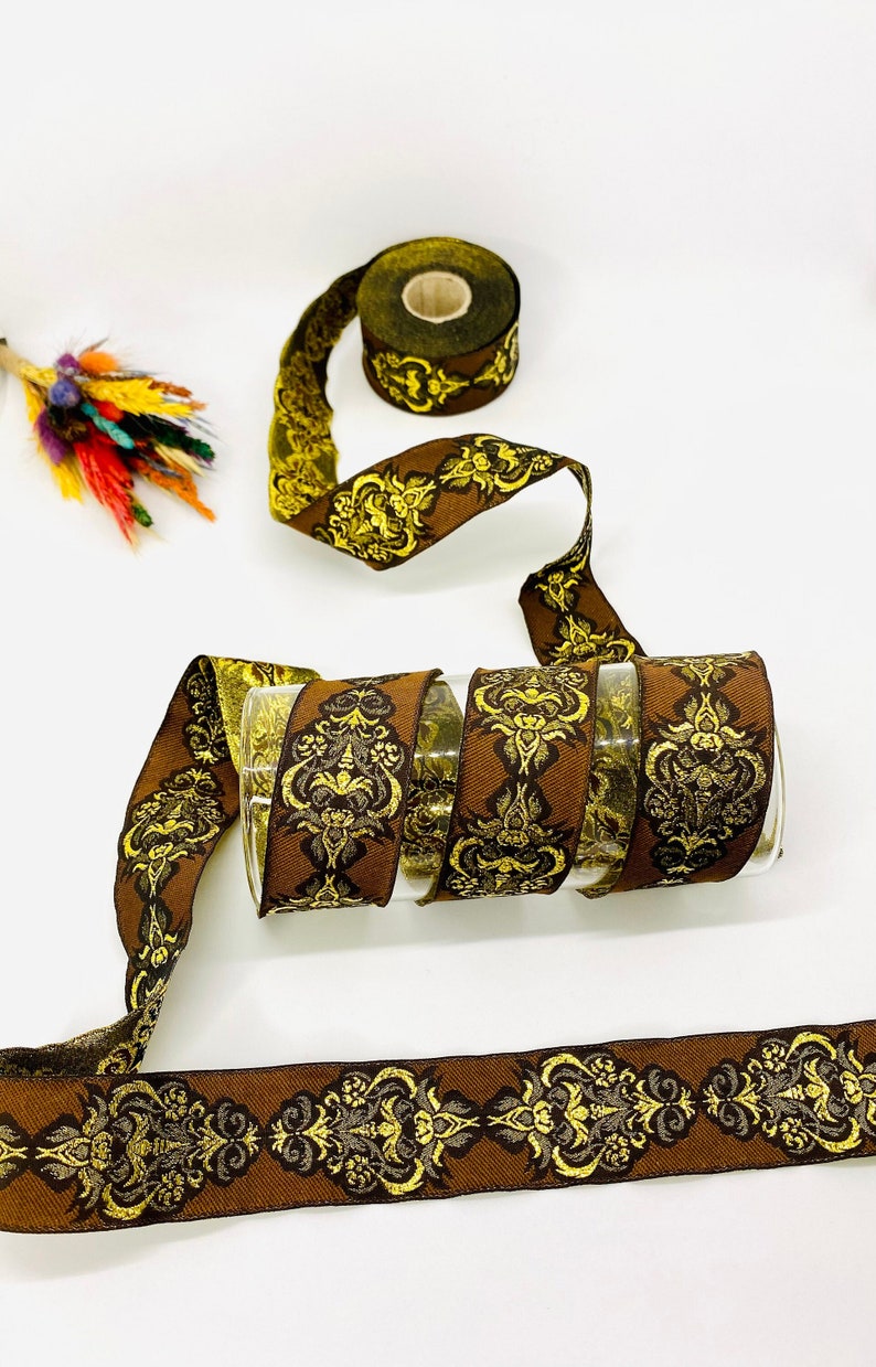 Medieval Ribbon Patterns Brown & Gold Medieval Jacquard Ribbon: Celtic Brocade Trim, 1.18