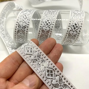 25Yards/22 mm Silver Geometric Jacquard Ribbon(0.86 inch)Jacquard Trim for DIY Clothing Accessories,Decorative Aztec Trim for Sewing Crafts