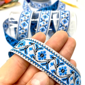 Blaue Jacquardborte mit floralem Muster: Vintage-Stil Kostümborte, 10 Meter