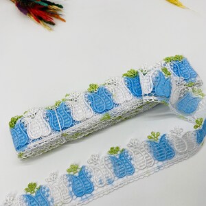 Kant trim, guipure, 40mm, Wit & Blauw Venetië Lace Trim met coquilles, guipure kant trimmen, brede guipur, venica kant, Naaien trim, het maken van gordijn