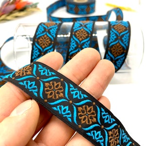 22 mm Sky Blue/Brown Jacquard Trim(0.86 inch)Jacquard Ribbon,Celtic Ribbon,Vinatge Ribbon,Sewing trim,Dog collar,Costume Ribbon,Drapery Trim