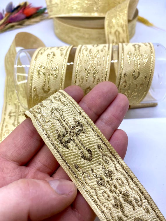 Gold Cross Jacquard Ribbon: Metallic Vintage Trim (1.18 Inch
