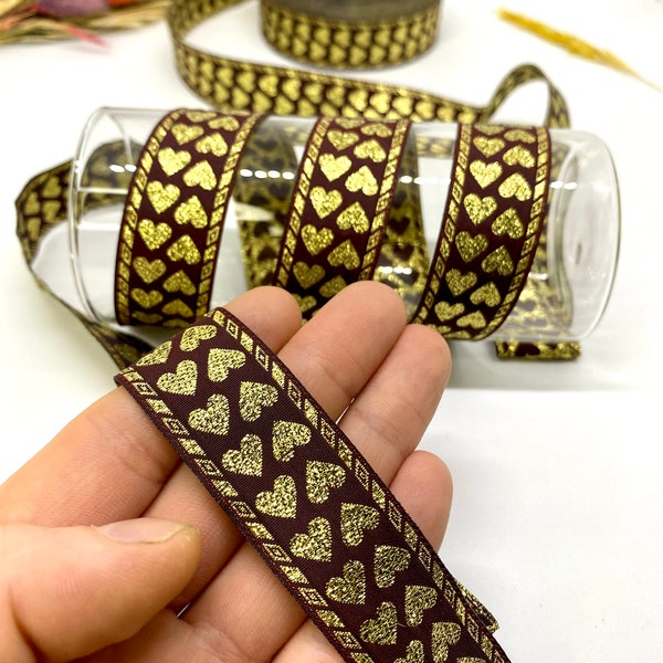 10 Yards/22 mm Claret Red&Gold Heart Jacquard Ribbon(0.86 inch)Vintage Trim,Jacquard Trim,Heart Trim,Costume Trim,Drapery Trim,Dog Collar