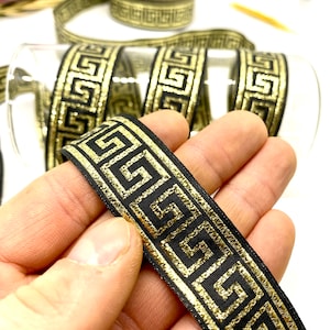 Ruban vintage 20 mètres Greek Key noir/or (0,78 pouce), ruban jacquard, noeud celtique, garniture jacquard médiévale, collier pour chien