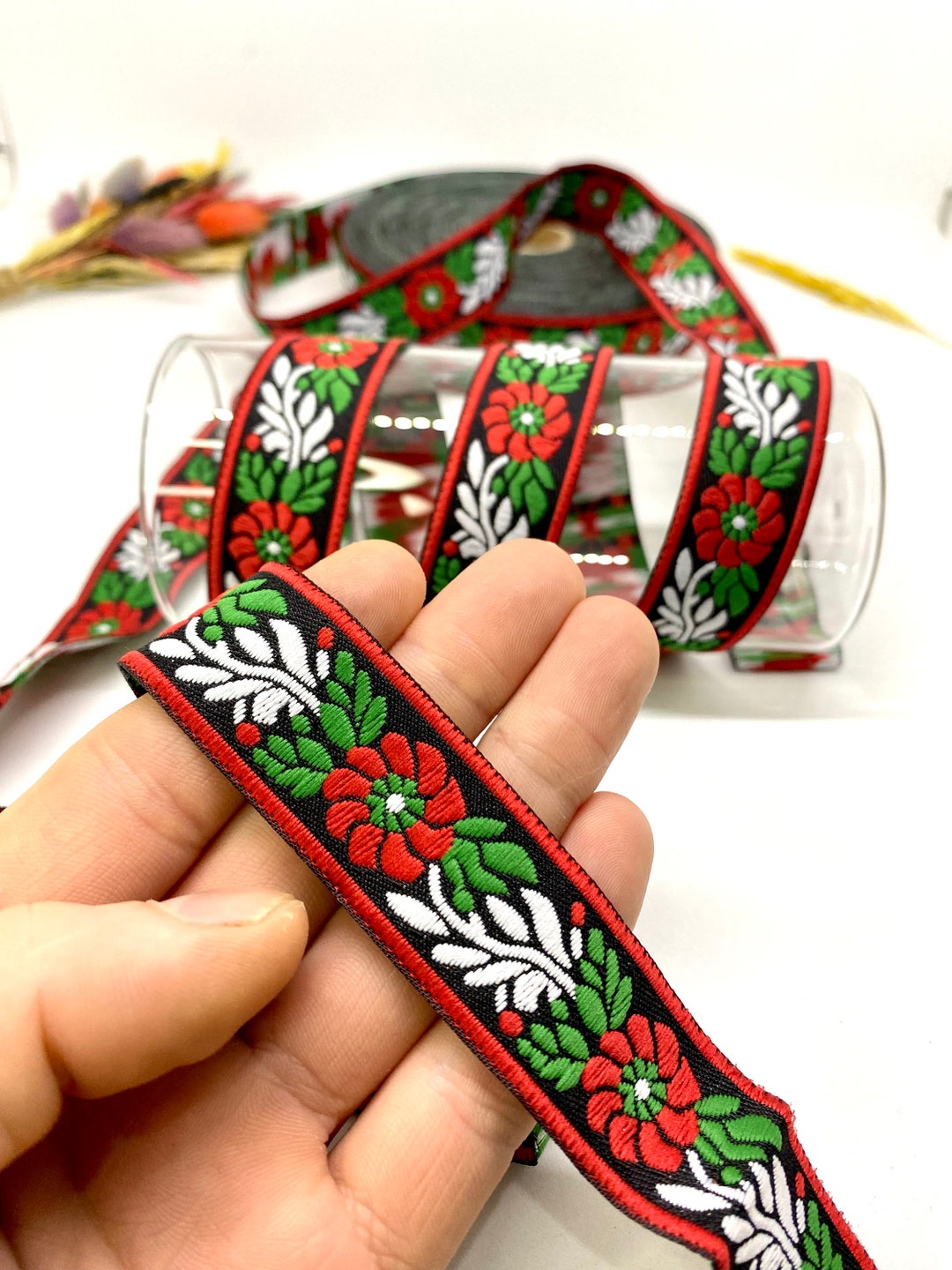 Floral Jacquard Ribbon: Red, Black & Green Vintage Trim (10 Yards
