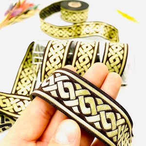 10 Yards/30 mm Brown/Gold Celtic Jacquard Trim(1,18inch)Vintage Ribbon,Jacquard Ribbon,Celtic Knot,Medieval Trim,Costume Ribbon,Dog Collar