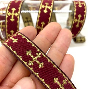 Burgundy Gold Cross Ribbon – Medieval Jacquard Trim for Costumes, Church Vestments, Liturgical, Gothic Crafts, Cosplay,Religious Craft Tape