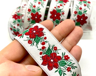 10Yard/30 mm White&Red Floral Jacquard trim(1.18 inch)Vintage Ribbon,Costume Ribbon,Jacquard Ribbon Trim,Sewing trim,Dog collar,Drapery Trim