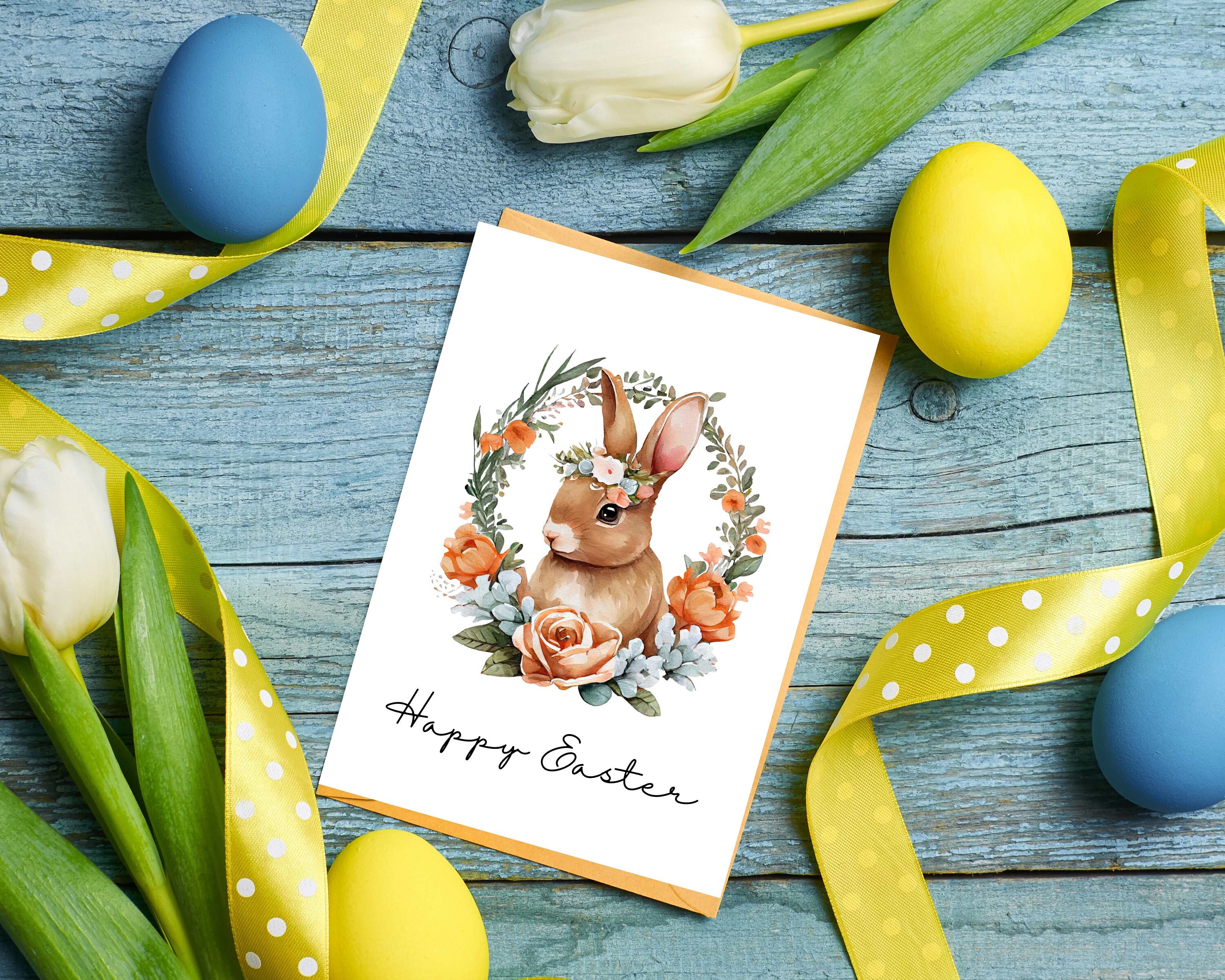 Happy Easter Printable Card Watercolor Floral Rabbit 8 Designs & 2 ...