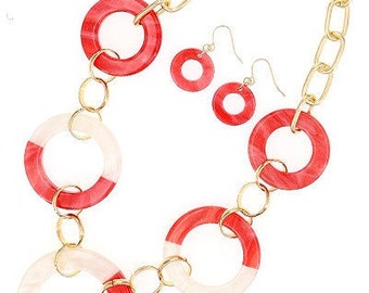 Red and White Circle Necklace and Earring Set, Sorority Gift