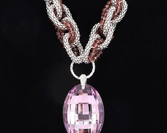 Pink Glass Oval Pendant Statement Dangling Necklace, Silver Plated Womens Necklace Set Gift for Soror