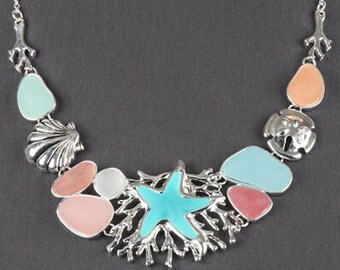 Sealife Womans Fashion Antique Starfish Bib Silver Plated Charm Necklace Set Gift For Her