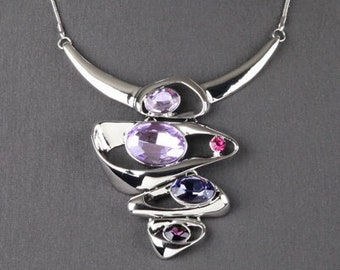 Purple Statement Necklace, Purple Womens Fashion Silver Statement Necklace Set, Gift for Soror