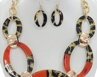 Womans Fashion Red & Cheetah Necklace, Lucite Circular Necklace Set Gift for Soror Gift for Her