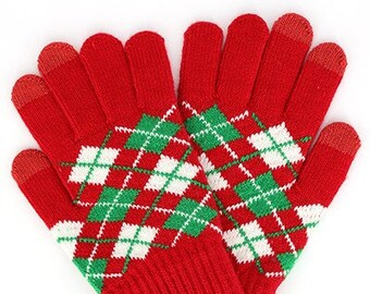 Red Plaid Stretch Winter Knitted Gloves, Assorted Color Winter Plaid Gloves, Gift for Her