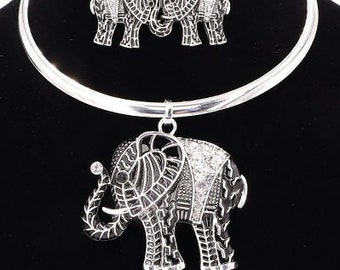 Elephant Pendant Choker Set, Gift for Her, Black Elephant Choker and Earrings Set, Ethnic Necklace, Gift for Soror