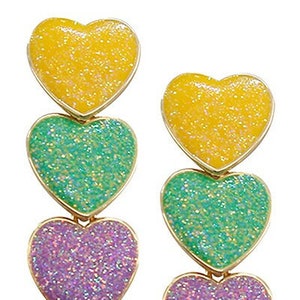 Women Fashion Glitter 3 Heart Drop Mardi Gras Earrings, Mardi Fleur De Lis New Orleans Earring Set