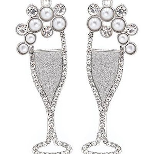Champagne Glass Earrings, Silver Rhinestone & Pearl, Party