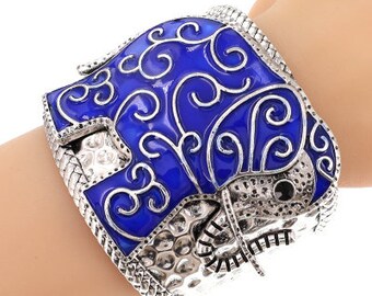 Elephant Cuff Bracelet, Ethnic Blue Adjustable Bracelet