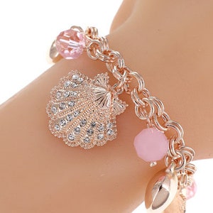 Sealife Toggle Pink Bracelet, Pink Black Oyster Charm Toggle Womans Fashion Gold Plated Charm Bracelet Set Gift For Her