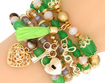 Womens Fashion Green Bead Bracelet, Green and Gold Multi Strand Bracelet Set, Gift for Soror