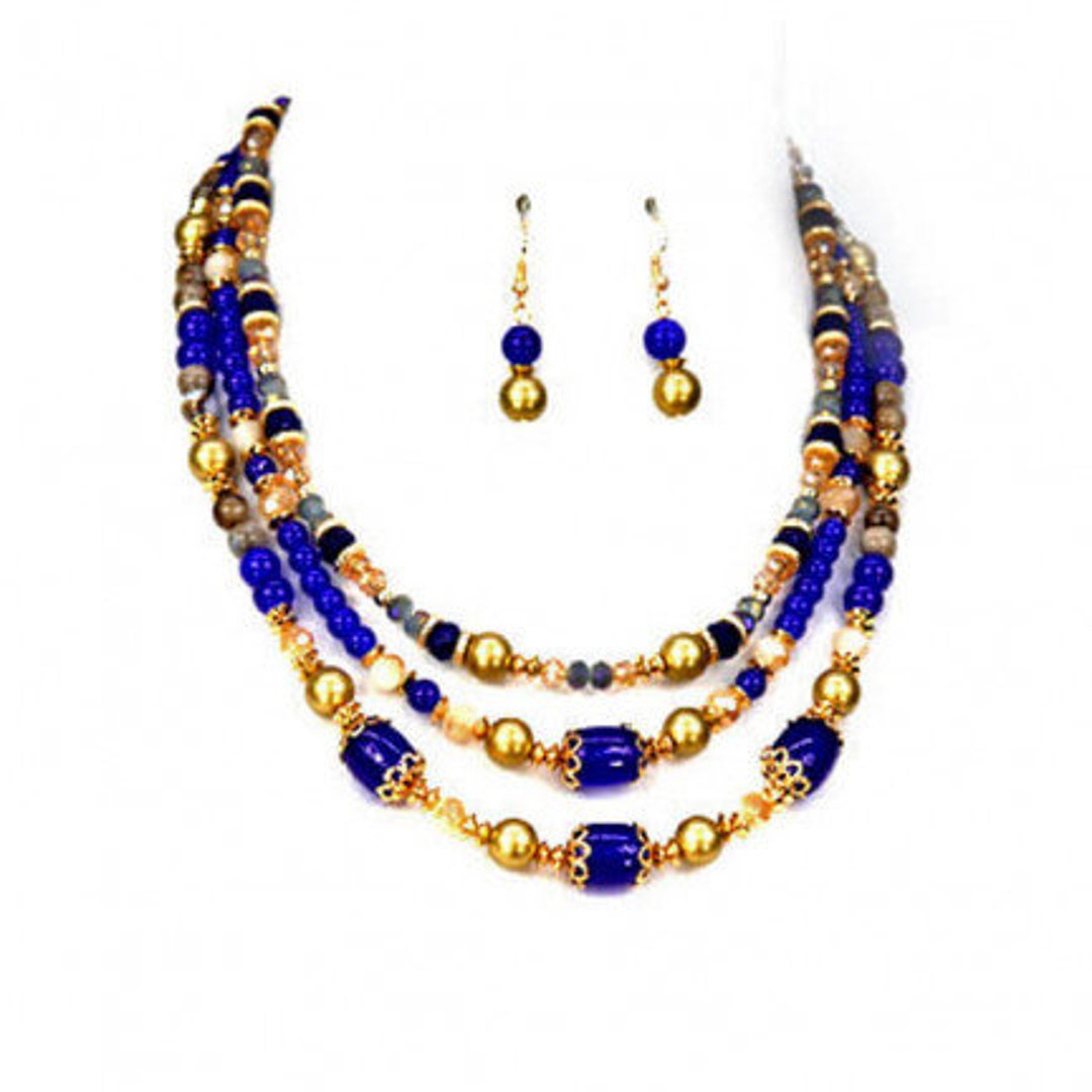 Blue Glass Beads Necklace Blue and Gold Beads Necklace Set Etsy