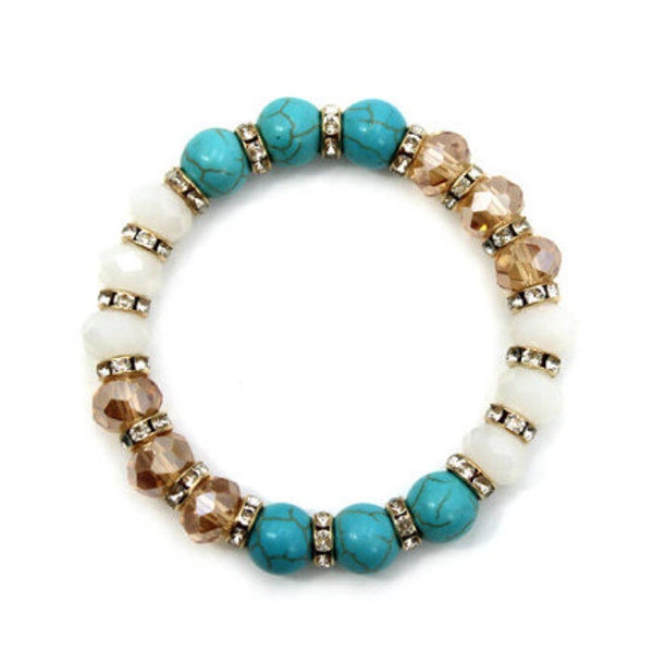 Fashion Turquoise Bracelet, Turquoise and Glass Beads Gold Womens Bracelet, Boho Bracelet