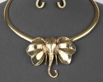 Elephant Antique Pendant Choker, Vintage Gold Tone Elephant Choker, Ethnic Necklace, Gift for Her
