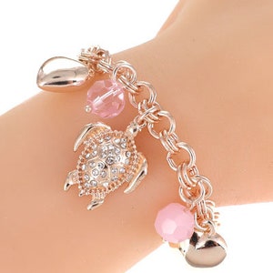 Sealife Toggle Pink Bracelet, Pink Black Turtle Charm Toggle Womans Fashion Gold Plated Charm Bracelet Set Gift For Her