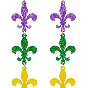 Women Fashion Glitter Mardi Gras Earrings, Mardi Fleur De Lis  3 Drop Earring Set