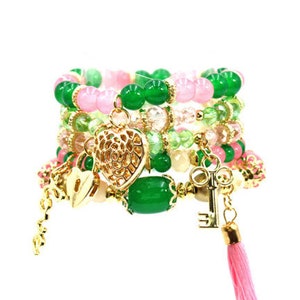 Pink and Green Bracelet, Pink and Green and Gold Multi Strand Bracelet Set, Gift for Soror, Valentines Gift