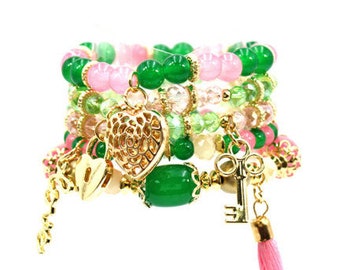 Pink and Green Bracelet, Pink and Green and Gold Multi Strand Bracelet Set, Gift for Soror, Valentines Gift