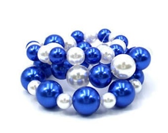 Blue and White Plastic Pearl Stretch Bracelet Set, Gift for her, Gift for Soror,