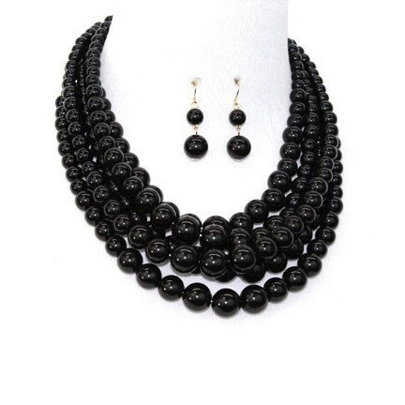 Pearl Necklace, Black Plastic Pearl Multi Strand Necklace Set