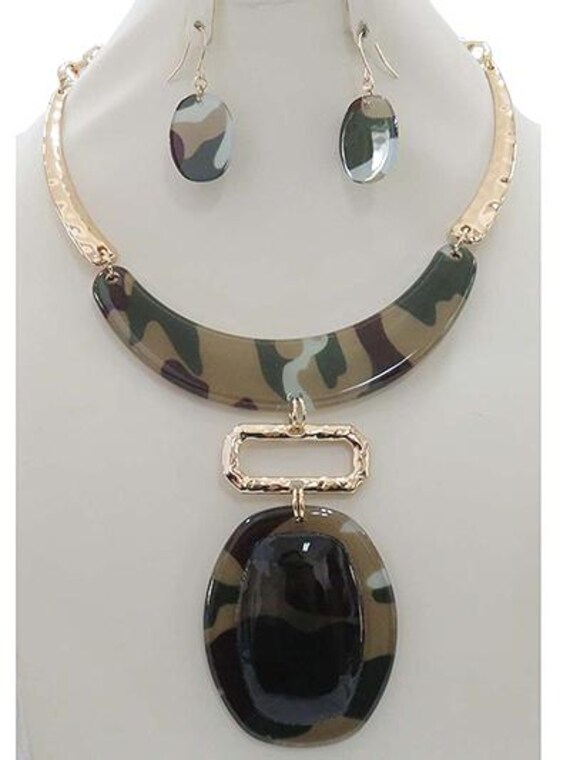 Womens Fashion Camouflage Oval Necklace Set, Gift for Army, Gift