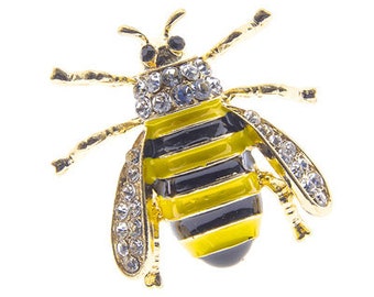 Womens Fashion Rhinestone Yellow and Black Bee Brouch, Classic Stone Bee Pin, Gift for Her