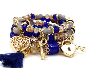 Blue Bracelet, Blue and Gold Multi Strand Bracelet Set, Gift for Soror