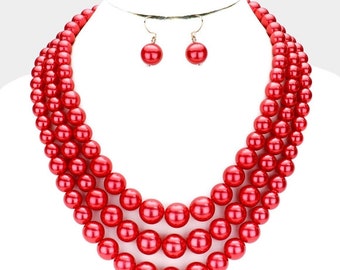 Red Plastic Pearl Multi Strand Necklace Set