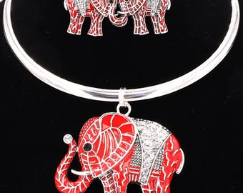 Elephant Pendant Choker Set, Gift for Her, Red Elephant Choker and Earrings Set, Ethnic Necklace, Delta Sigma Theta Gift for Soror