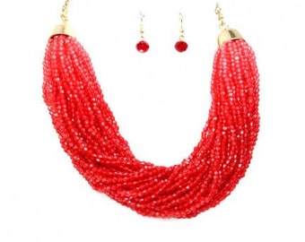 Red and White Bead Seed Multi Strand Necklace Set,Gold Metal Finish Delta Sigma Theta Gift For Soror