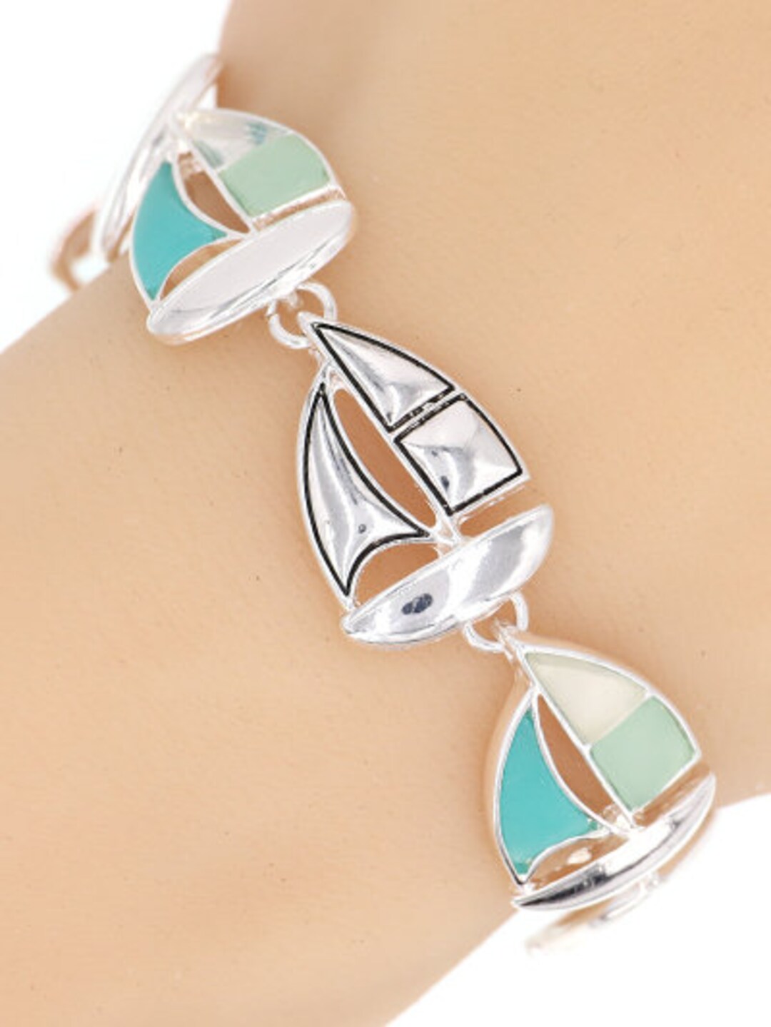 Sealife Sailboat Epoxy Bracelet, Pink Turquoise Sailboat Charm