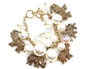 Gold Plated Elephant with Pearl Chunky Toggle Bracelet